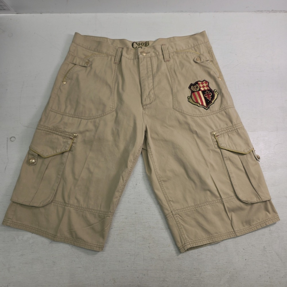 Coogi Cargo Shorts Men's Size 42 Khaki Tan Crest Patch Gold Trim Streetwear EUC